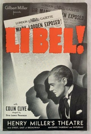 Playbill Program / 1930s Libel Henry Miller Theatre Nyc Colin Clive Frankenstein