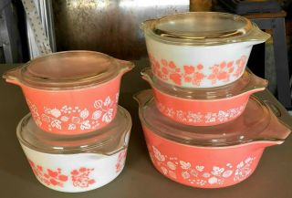 Vtg Pyrex Pink Gooseberry Set Of 5 Casserole Bowls With Lids