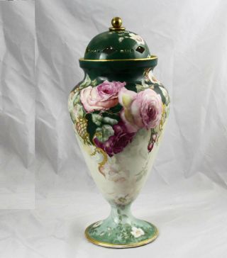 Huge Antique Wg&co Wm Guerin Limoges France Hand Painted Vase Urn 18.  5 " Drilled