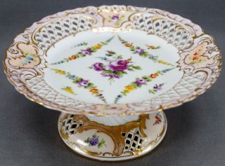 Carl Thieme Dresden Hand Painted Floral & Gold Reticulated Compote C 1891 - 1901