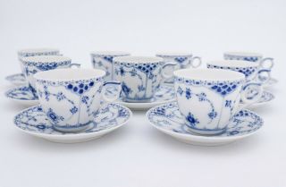 9 Cups & Saucers 756 - Blue Fluted Royal Copenhagen - Half Lace - 1:st Quality