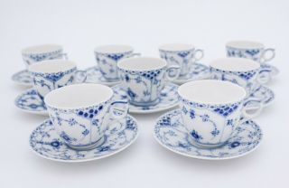 9 Cups & Saucers 756 - Blue Fluted Royal Copenhagen - Half Lace - 1:st Quality 2