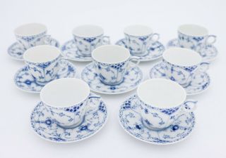 9 Cups & Saucers 756 - Blue Fluted Royal Copenhagen - Half Lace - 1:st Quality 3