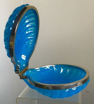 Vintage Art Glass Jewelry Casket Box French Blue Opaline Clam Shell