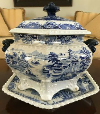 Ridgway India Temple Transferware Soup Tureen W/ Under Platter And Lid C 1820 - 30