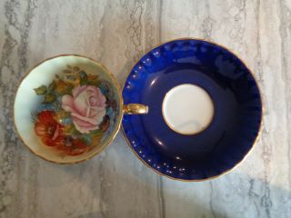 AYNSLEY SIGNED J.  A.  BAILEY DARK BLUE PINK ROSES TEACUP AND SAUCER 2