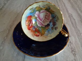 AYNSLEY SIGNED J.  A.  BAILEY DARK BLUE PINK ROSES TEACUP AND SAUCER 4