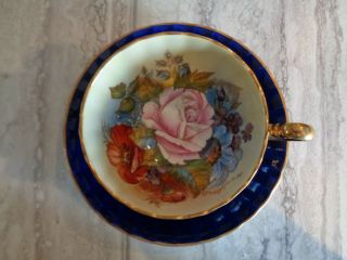 AYNSLEY SIGNED J.  A.  BAILEY DARK BLUE PINK ROSES TEACUP AND SAUCER 5