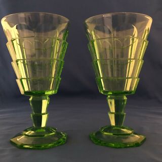 Tea Room Depression Glass Pair Green Stemmed Goblets 9 Oz.
