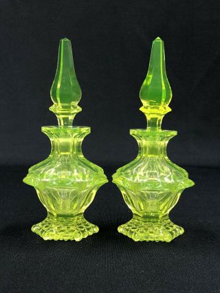 Pair Early C.  1840 - 50’s Mold Blown & Cut Vaseline Uranium Glass Cologne Bottles