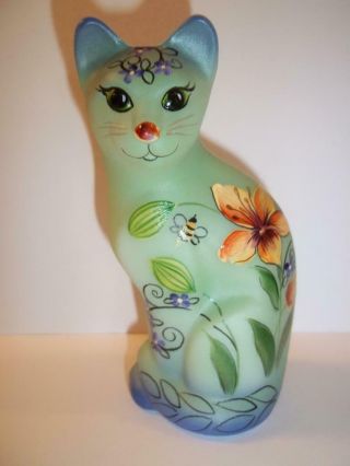Fenton Glass Green - Blue Tiger Lily Bee Stylized Cat Ltd Ed K Barley 3/3
