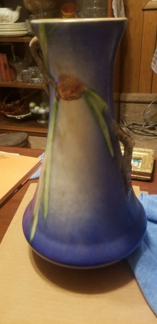 Tall Roseville Pottery 712 - 12” Pine Cone Two Handle Vase in Blue Perfect 10