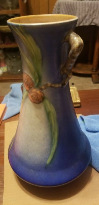 Tall Roseville Pottery 712 - 12” Pine Cone Two Handle Vase in Blue Perfect 8