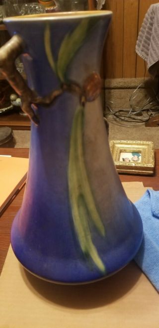 Tall Roseville Pottery 712 - 12” Pine Cone Two Handle Vase in Blue Perfect 9