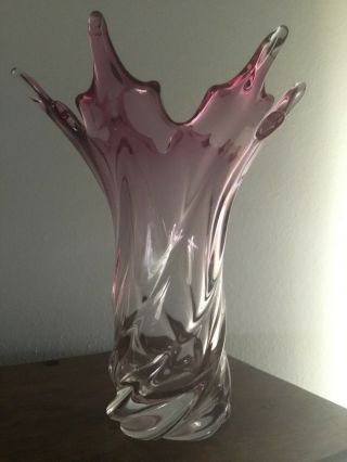 Vintage Murano 1950’s Clear And Pink 9” Scissor Cut Rim Swirl Vase 5