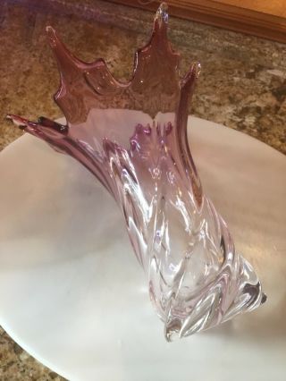 Vintage Murano 1950’s Clear And Pink 9” Scissor Cut Rim Swirl Vase 8