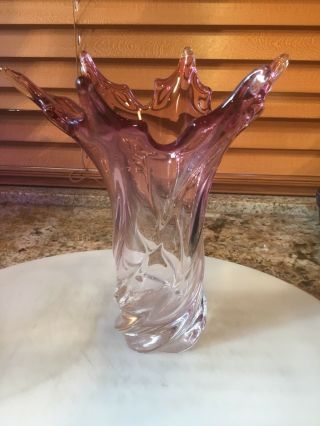 Vintage Murano 1950’s Clear And Pink 9” Scissor Cut Rim Swirl Vase 9