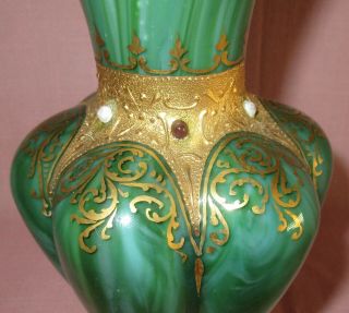 Antique 19th C Loetz Art Glass Malachit Green Malachite Jeweled Vase 8.  75 