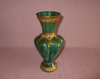 Antique 19th C Loetz Art Glass Malachit Green Malachite Jeweled Vase 8.  75 "