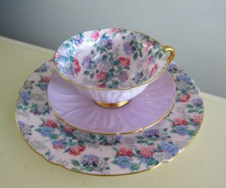 Shelley Summer Glory Chintz Oleander Footed Cup Lavender Saucer Gold Trim