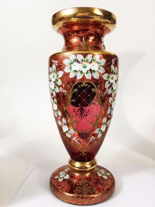 Egermann Czech Bohemian Glass Vase Big 12 " Raised Enamel Ruby Red Crackle Gold