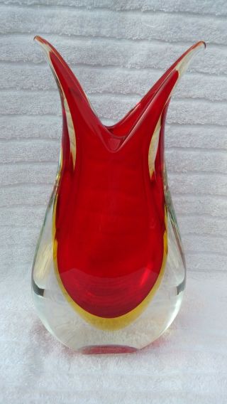 Murano Art Glass Vase Facet Cut Tri Color Red Yellow Clear Sommerso Signed Italy