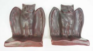 Nm Vintage Van Briggle Art Pottery Owl Bookends - Mulberry And Blue - Set Of 2
