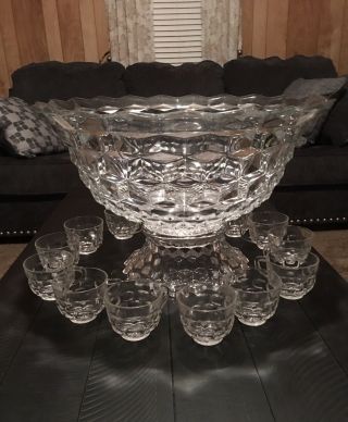 Vintage American Fostoria Large 18 " Punch Bowl With 12 Cups And Base