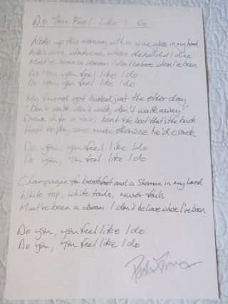 Peter Frampton " Do You Feel Like I Do " Signed Autograph 11x17 Lyrics