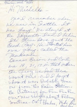 Vintage Mike Love - Letter To Fan - Beach Boys Fan Club Memorabilia 1964