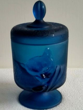 Very Rare Fenton Satin Indigo Blue Chessie Cat Jar With Etched Dragons