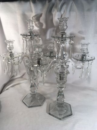 2 Heisey Colonial Old Williamsburg 3 Light Glass 20” Candelabras Pair Prisms