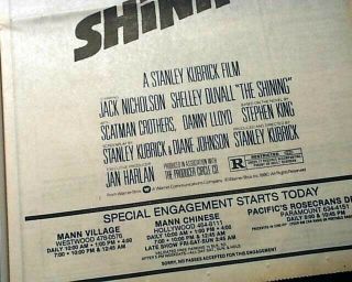 Best THE SHINING Horror Film Movie Opening Day AD & Review 1980 L.  A.  Newspaper 2