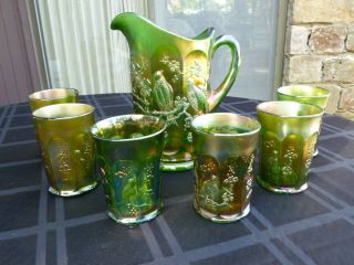Rare Northwood Green Carnival Glass " Singing Bird " Water Pitcher With 6 Tumblers