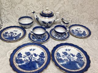 Vintage,  Booths Old Willow A8025 England,  12 - pc Blue Willow Tea - Dinner Set for 2 10