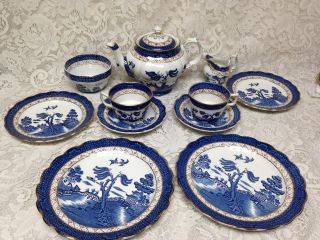 Vintage,  Booths Old Willow A8025 England,  12 - Pc Blue Willow Tea - Dinner Set For 2