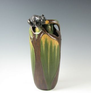 Ephraim Art Pottery Vase Green Glaze With Bear Artist Signed
