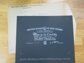 British Bbfc Film Certification Card Tommy The Toreador 1959 Sid James T Steele