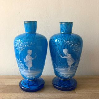 Lovely Pair Moser Or Fenton Mary Gregory Antique Vases