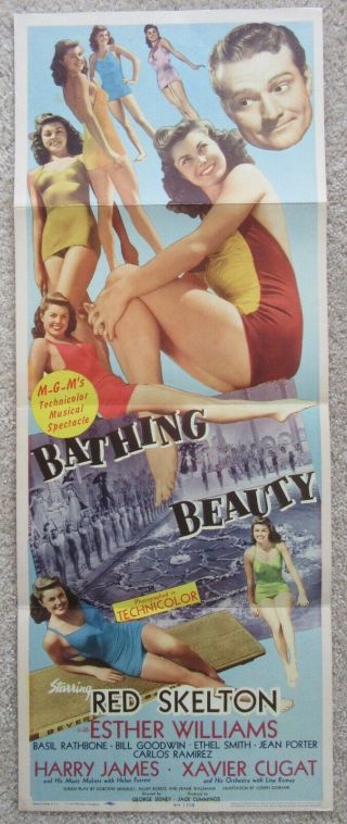 Bathing Beauty Orig 1944 Insrt Movie Poster Fld Esther Williams Red Skelton Ex