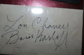 Boris Karloff And Lon Chaney Hand Signed 3x5 Index Card.