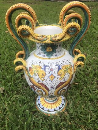 Antique Deruta Italian Pottery 13” Dragon Portrait Snake Handled Vase