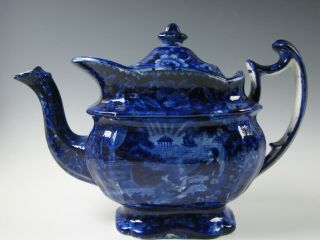 Historical Dark Blue Staffordshire Teapot Lafayette At Franklins Tomb Circa 1825