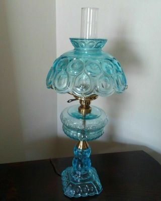 Vintage L.  E.  Smith Moon & Stars Blue Depression Glass Electric Table Lamp