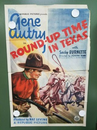 1937 Round Up Time In Texas One Sheet Poster 27 " X41 " Gene Autry Western Musical