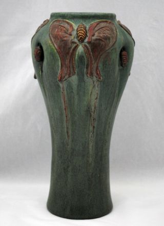 Ephraim Faience Art Pottery Vase Matte Green Brown Moth & Scarabs 12.  5 Inches