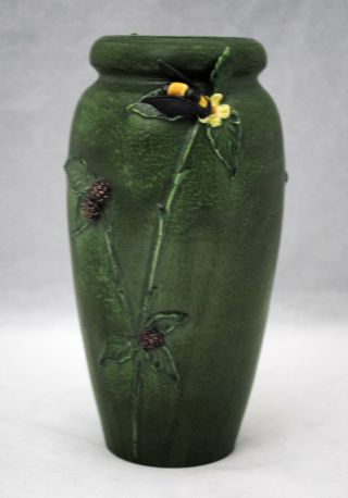 Ephraim Faience Art Pottery Matte Green Vase With Bee And Berries