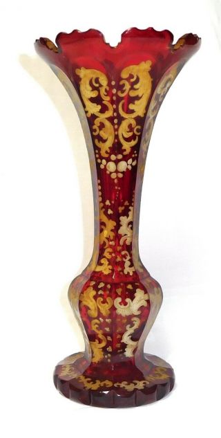 Antique Biedermeier Bohemian Or German Glass Vase Faceted Ca 1830 Cranberry Red