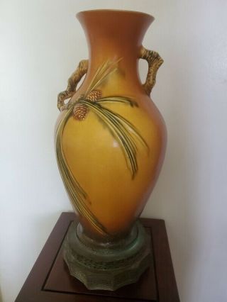 Large 1930s Art Pottery Roseville Yellow Brown And Green Pine Cone Vase