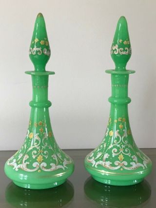 Pair (2) French? Green Opaline Art Glass Decanter Bottles / Vases Hand Painted